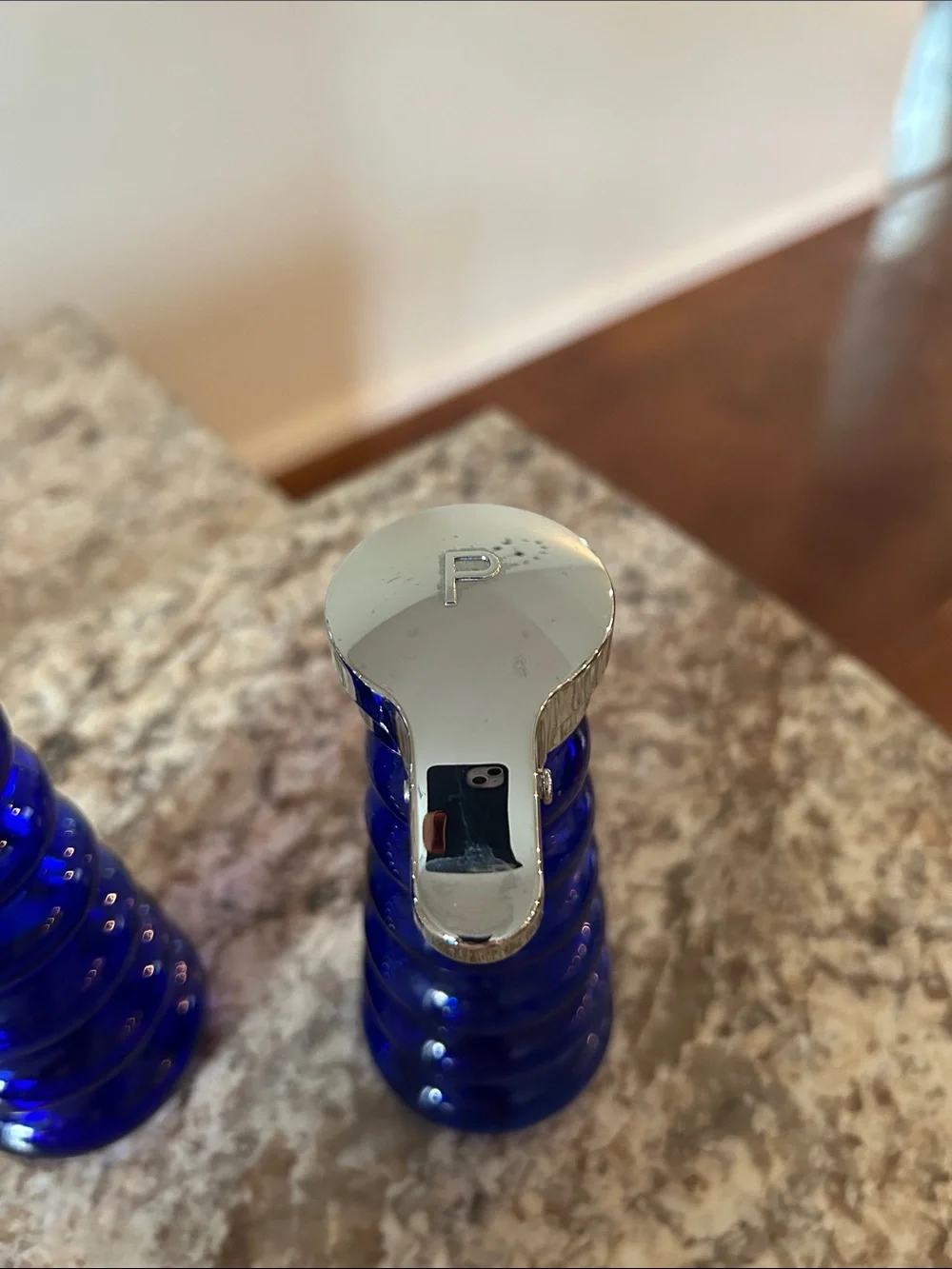 Cobalt Blue Glass Pepper and Salt Shakers with Silver Tops